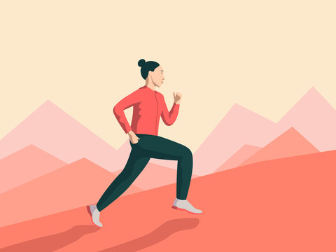 Colorful vector illustration of a young woman running uphill in sneakers