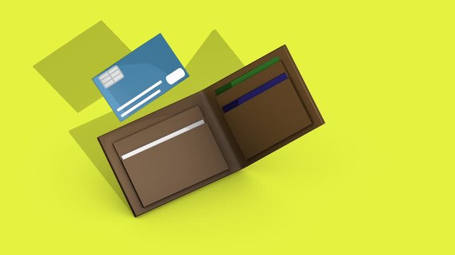 Credit Card Out of Wallet Isometric Animation Loop. isometric animation loop of a wallet moving into scene and opening with credit card flying at camera with matte and ambient occlusion shadow passes