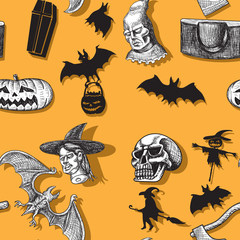 Happy Halloween. Seamless pattern witch pumpkin executioner axe scaffold skull bat coffin stuffed Vector image.