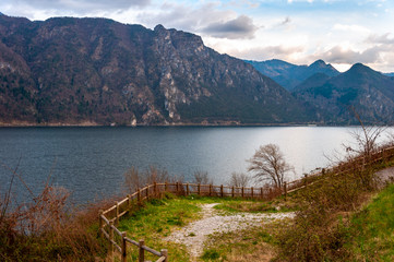 Panorama of Lake Idro from the town of Anfo, with a tourist and fishing port, a tourist destination...