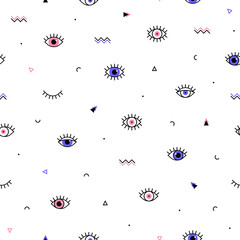 Eyes pattern with geometric shapes in memphis style. Minimal design. Closed and open violet and pink eyes. Triangle, zigzag and other graphic elements. Line art. Fashion background in 90s 80s.