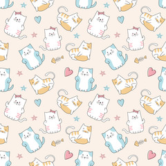 Cotton fabric Cute cats seamless pattern cartoon funny character drawing. Vector illustration ready for kids and baby fashion textile print.