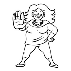 chubby woman with long hair holding her hand up and stopping. distance, comic, outline, avatar, monochrome, fashion, self-confident.