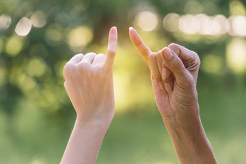 Closeup two person hook each other's little finger on nature background.