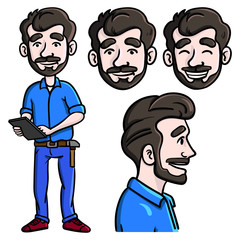 artisan character cartoon character. whole body, upper body, emotions, set, illustration, blue.