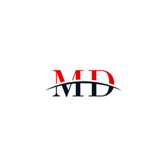 Initial letter MD, overlapping movement swoosh horizon logo company design inspiration in red and dark blue color vector