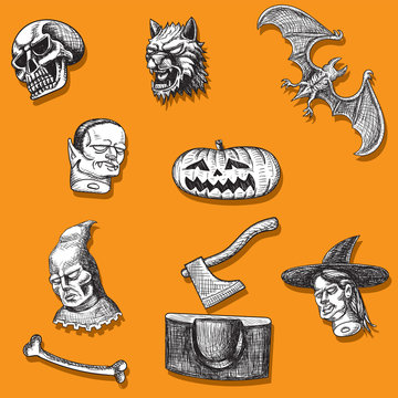 Happy Halloween. Set of hand drawn hand icons head vampire pumpkin werewolf the executioner the ax chopping block bone skull isolated on orange background. Vector image.