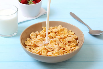dry breakfast on the table. cornflakes