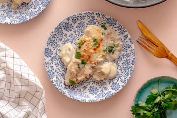 Creamy mushroom chicken breast. top view