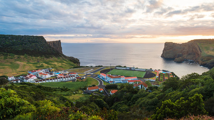 Football field of Velas, the atlantic ocean and the coastline at sunset against beautiful sky. Sao...