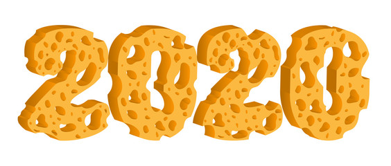 Inscription New Year 2020 in the form of cheese figures. Vector illustration.