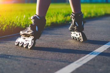 Roller skates during inline skating outdoors. Active lifestyle. Rollerblading