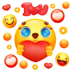 yellow emoji 3d smile face cartoon character holding red heart icon.