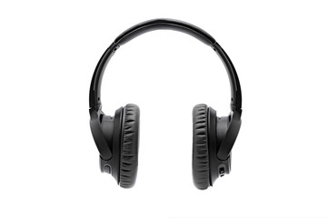 Isolated wireless overhead black headphones on a white background