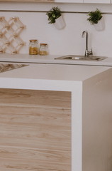 Fototapeta na wymiar interior kitchen design table cutlery beige tone