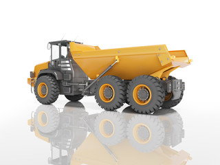 Orange mining dump truck isolated rear view 3D render on white background with shadow