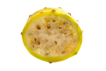 A half of a fresh prickly pear fruit with white background
