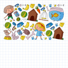 Pet shop. Vector illustration with animals, dog, cat, fish, Colorful background with kitten, bird, puppy. Veterinarian clinic.