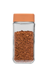 glass jar with instant coffee drink, closed with a plastic lid