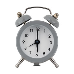 A gray clock with an alarm clock on a white background with arrows showing the time six hours or eighteen hours