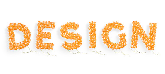 Word Design made of flying helium balloon with ribbons, element of decorations