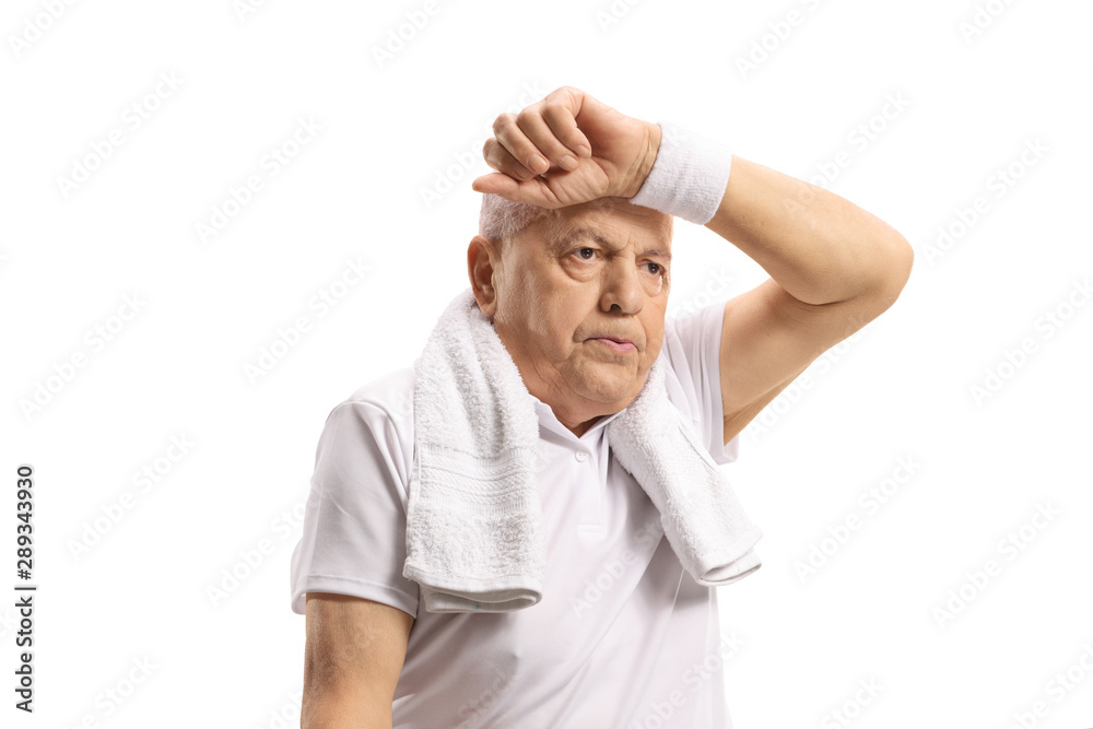 Sticker exhausted senior on a holding arm on his forhead