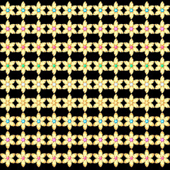 Seamless pattern of multi-colored diamonds on a black background.