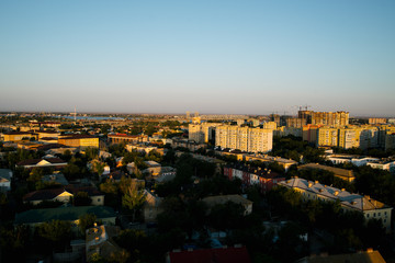 Dawn over the city in the summer in Russia. Cityscape in Russia.Aerial view