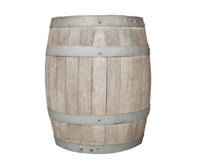 Wooden barrel with metal hoops isolated on white background with clipping path