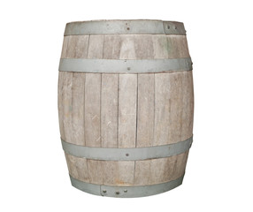 Obraz premium Wooden barrel with metal hoops isolated on white background with clipping path