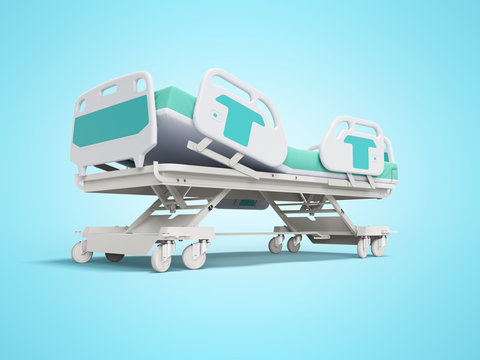 Blue hospital bed with lifting mechanism on stand alone remote control 3D render on blue background with shadow