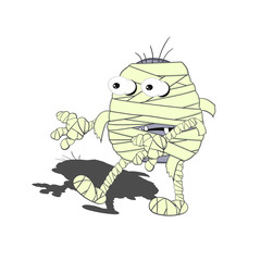 Funny little cartoon mummy on a white background with shadow. Illustration for halloween.