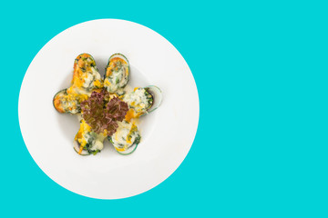 roasted scallop cheese plate isolated on blue background