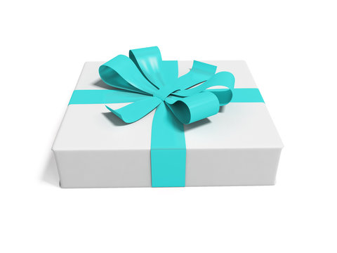 White gift tied with blue ribbon isolated 3d render on white background with shadow