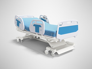 Blue hospital bed with lifting mechanism on standalone control panel isolated 3D render on gray background with shadow