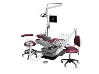 Dental unit red leather chair of dentist and assistants chair 3d render on white background no shadow