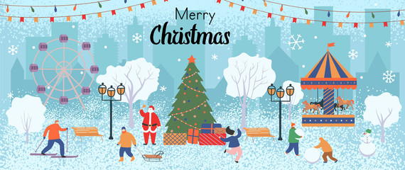 Merry Christmas greeting card. Winter in the park with people, a Christmas tree with gifts, a carousel horses, ferris wheel, snowman and santa claus. Vector flat cartoon illustration.