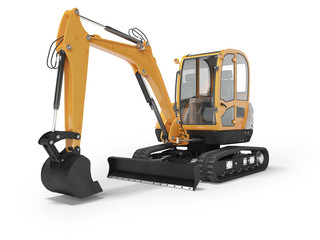 Orange mini excavator with hydraulic mechlopatoy on crawler rubber track with leveling bucket 3d render on white background with shadow