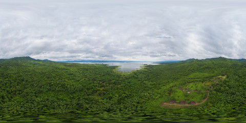360 panorama by 180 degrees angle seamless panorama of aerial view of trees in tropical forest in national park and mountain or hill in summer season in Kanchanaburi district, Thailand. Landscape.