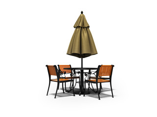 Closed umbrella for restaurant on central pillar with round table 3D render on white background with shadow