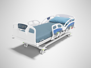 Blue hospital bed with lifting mechanism on an autonomous control panel with control panel isolated 3d render on gray background with shadow