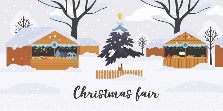 Christmas or new year shopping theme banner, flyer, poster or landing page with christmas market of fair stalls decorated with fir tree branches, wreath, garland and twinkling lights on open air.