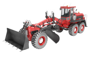 Construction machinery red grader for leveling roads for asphalt road isolated 3d render on white background no shadow