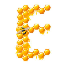 Honeycomb letter E with honey drops and bee flat vector illustration isolated on white background