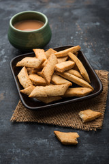 Namakpare or Salty Shakarpara/shakarpare or namkeen Shankarpali, popular diwali food or tea-time snack from Gujarat, India
