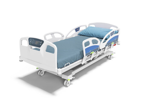 Blue hospital bed with lifting mechanism on an autonomous control panel with control panel isolated 3d render on white background with shadow