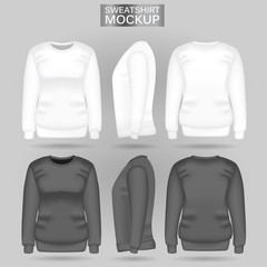 Blank women's white and gray sweatshirt in front, back and side views. Vector illustration. Realistic female clothes for sport and urban style