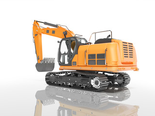 Construction machinery orange large excavator rear view 3D render on white background with shadow