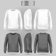 Blank men's white and gray sweatshirt in front, back and side views. Vector illustration. Realistic male clothes for sport and urban style
