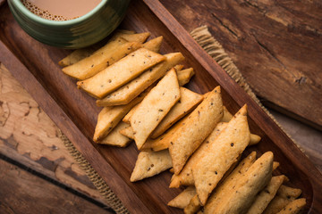 Namakpare or Salty Shakarpara/shakarpare or namkeen Shankarpali, popular diwali food or tea-time snack from Gujarat, India